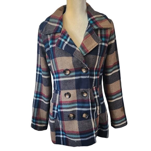Me Jane Jackets & Blazers - Me Jane Wool Blend Plaid Large Buttons Swing Peacoat Size Medium